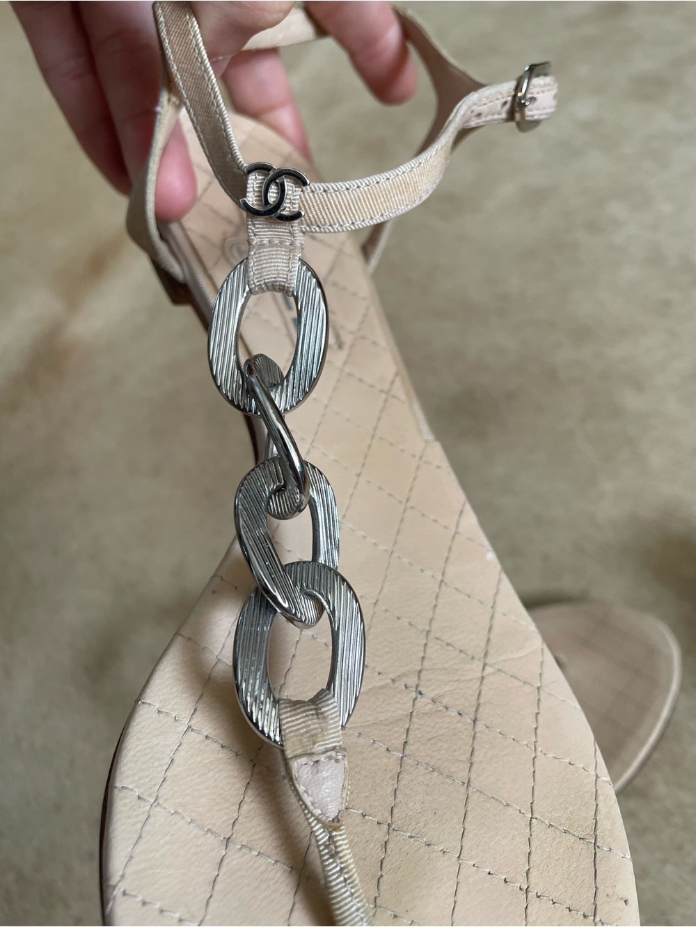 CHANEL Nude Quilted Leather T-Strap Sandals with Silver Chain